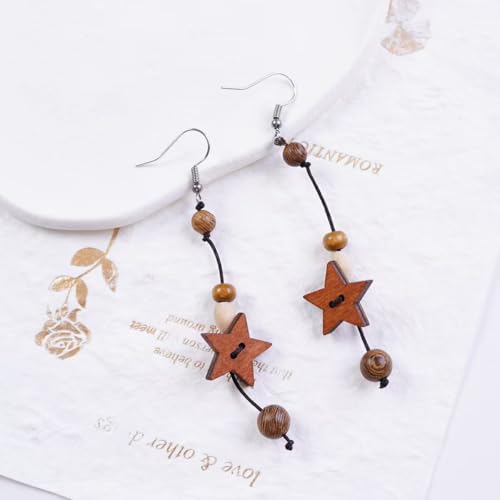 Silver/Gold Boho Dangle Statement Earrings for Women Trendy,Handmade Vintage Dainty Cute Long Drop Summer Earrings,fashion Accessories Jewelry Gifts - color: A100 Wooden Star Beads Long Earrings