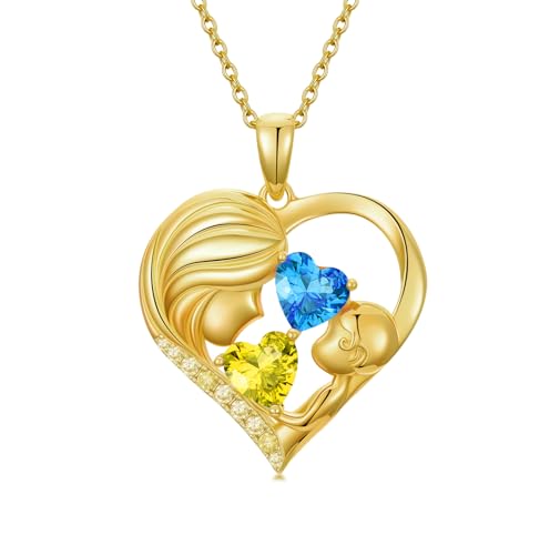 Mothers Day Gifts 14K Yellow Gold Mother Daughter Heart Pendant Necklace with 12 Months Birthstone Birthday Gifts for Mom Anniversarry Jewelry for Mom Wife Girlfriend - color: 11-12-Nov-Dec Birthstone