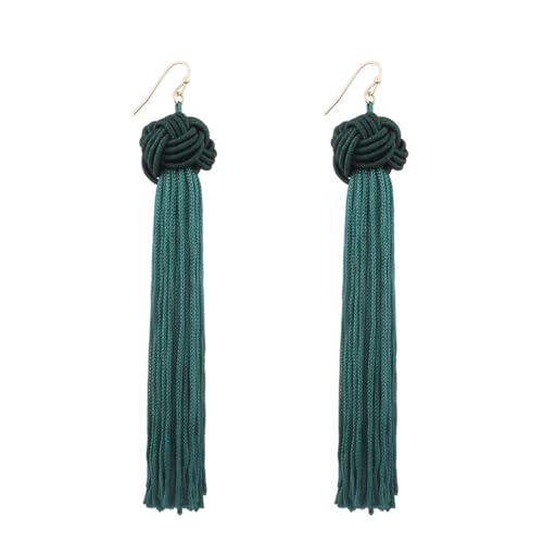 Tassel Dangle Earrings for Women, Handwoven Knot Top Boho Fringe Earrings Lightweight Long Drop Earrings with French Hook, Fashion Statement Jewelry for Party Vacation Daily Wear - color: green
