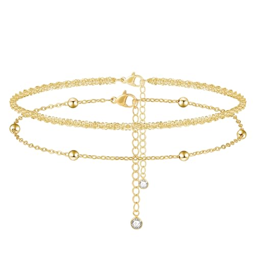 MIDEEO Gold/Silver Ankle Bracelets for Women,14K Gold Anklets for Women Waterproof Cuban Link Heart Beads Herringbone Rhinestone Anklets Set Layered Anklet Bracelets for Women Gold Jewelry Gift - style: 2Pcs Anklets B-Gold