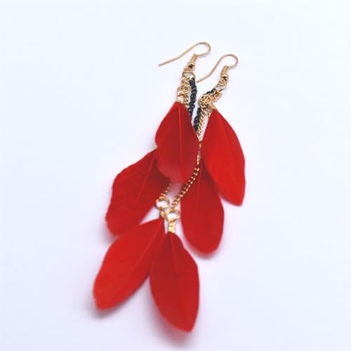 coadipress Boho Piercing Tassel Feather Long Chain Earrings Retro Lightweight Native Feather Dangle Drop Earrings for Women Bohemian Handmade Natural Feathers Earring Jewelry - color: Red