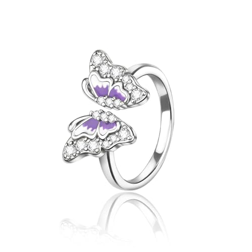 PARCOM Adjustable Women Stackable Ring, 925 Sterling Silver Open Rings - Trendy Eternity Cubic Zirconia Stackable Band Engagement Promise Ring for Her, Hypoallergenic Non Tarnish Nature Bird Floral Thumb Rings - color: Gradient Butterfly