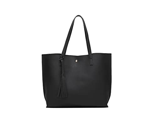 Dreubea Women's Soft Faux Leather Tote Shoulder Bag from, Big Capacity Tassel Handbag - color: Black