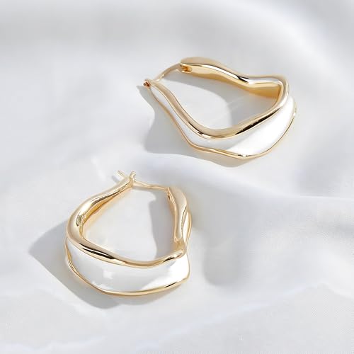 Chunky Hoop Earrings for Women Thick Minimalist Geometric Huggie Hoop Earrings Dainty Thick Y2K Preppy Earrings - style: irregular wave white