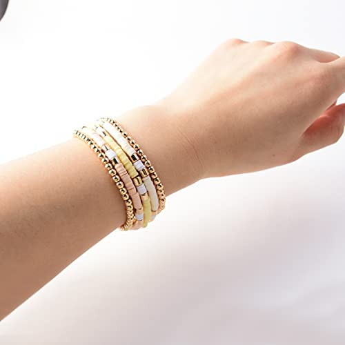 GOOJIDS Surfer Heishi Clay Bead Bracelets for Women Bohemian Stackable Gold Plated Beaded Stretch Bracelets Elastic Layering Friendship Bracelets Set Boho Jewelry - color: B-Beige Surfer Color & Gold Bead