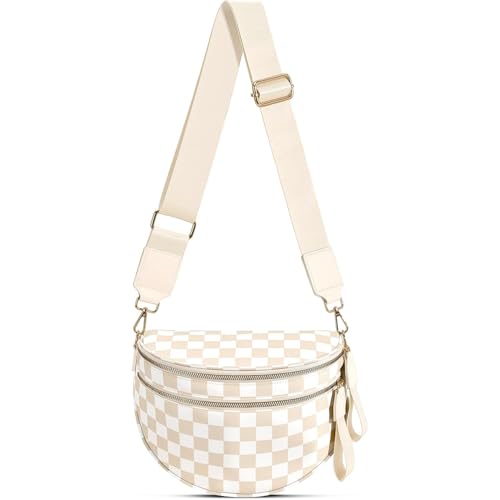Checkered Crossbody Bag for Women Bum Bag Spacious Nylon Fanny Packs Cross Body Shoulder Purses Bag Handbags - color: Beige Checkered