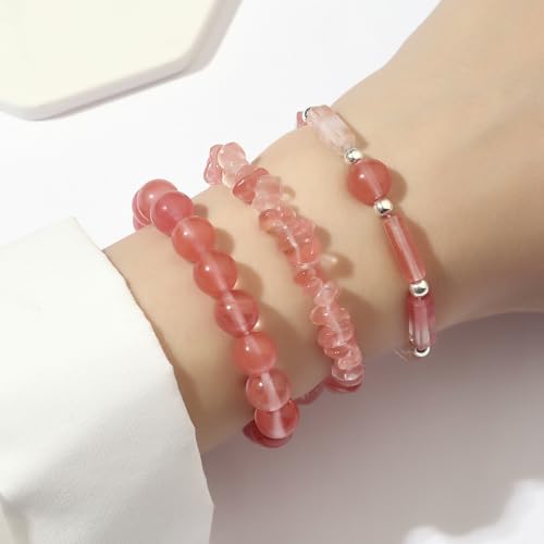 3Pcs Natural Stone Bracelets for Women 8mm Crystal Beaded Bracelets Handmade Stretch Bracelet Healing Crystal Jewelry for Women - style: Watermelon Cherry Quartz