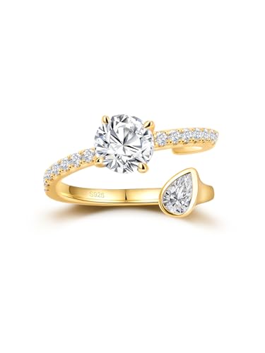 FWM Round Cut Moissanite Simple Open Rings for Women, Adjustable Ring, Solid Sterling Silver With Gold Plated, Stackable Wedding Band, Anniversary Valentines Mothers Day Christmas Gift - color: Round & Pear Cut - Yellow Gold, size: 5