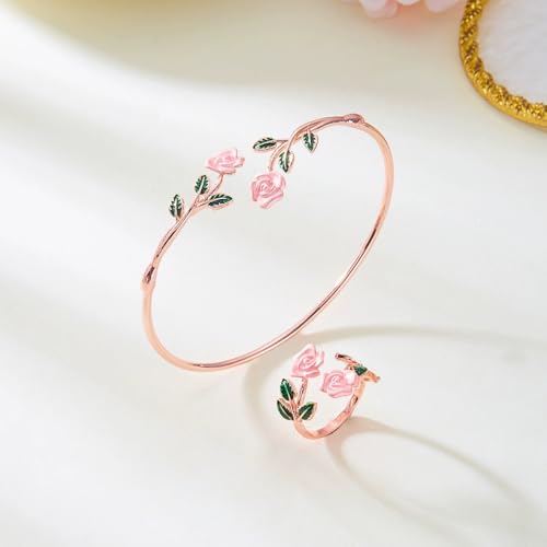 Dtja Vintage Rose Flower Bangle Cuff Bracelet Red Floral Statement Expandable Adjustable Ring for Women Antique Tribal Theme Green Leaf Jewelry for Valentine Christmas Holiday 2 Piece Set - color: Rose Gold-Toned