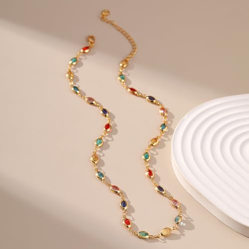 Beaded Choker Necklaces for Women 18k Gold Plated Dainty Gold Choker Necklaces for Women - style: Colorful Oval 27