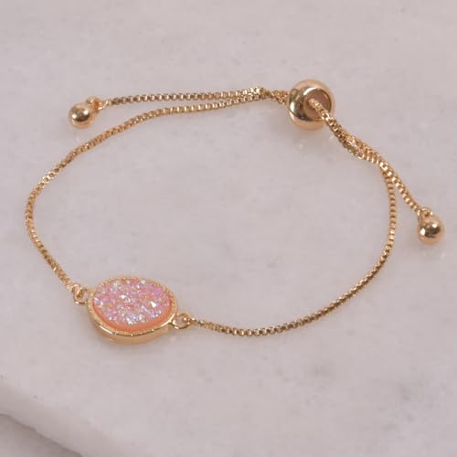 Humble Chic NY Simulated Druzy Chain Bracelet for Women - Boho Stackable Adjustable Bolo Slider Bracelet - color: Gold - Created Rose Quartz