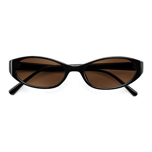 FEISEDY Retro Oval Womens Sunglasses, Trendy Cat Eye Skinny Chic Narrow Y2K 90s Small Sunnies B9177 - color: Black Frame - Brown