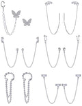 Tornito 6-12Pcs Cuff Earring Chain Leaf Snowflake Star Butterfly with CZ Crawler Climber Earring Studs Drop Dangling Chain Wrap Tassel Earring for Women Men 20G Silver Gold Tone - color: D: Silver Tone