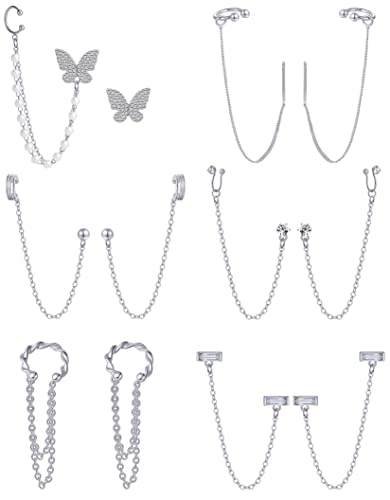 Tornito 6-12Pcs Cuff Earring Chain Leaf Snowflake Star Butterfly with CZ Crawler Climber Earring Studs Drop Dangling Chain Wrap Tassel Earring for Women Men 20G Silver Gold Tone - color: D: Silver Tone