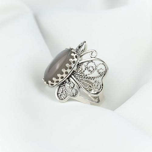 Filigranist Sterling Silver Filigree Art Butterfly Women Cocktail Ring with Gemstones - color: Gray Moonstone