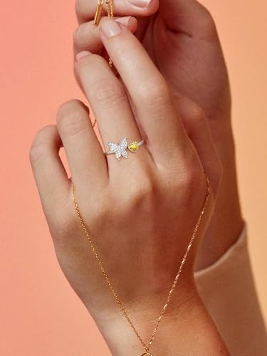 Bestyle 925 Sterling Silver Butterfly Ring Hypoallergnic Adjustable Birthstone Rings for Women Butterfly Jewelry Gifts for Anniversary Mothers' Day Birthday - color: 11.November (Citrine)