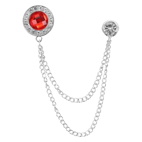 PATIKIL Gem Chain Brooch Pins, Hanging Chain Brooch Suit Pin Tassel Chain Round Crystal Badge Lapel Collar Pins for Men Shirts - color: Silver Tone(Red)