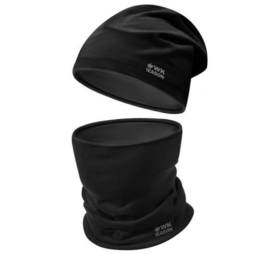 WK IEASON Winter Thermal Fleece Hat Scarf Set for Men Women Warm Windproof Cap Neck Warmer Fleece Beanie Scarf Set for Skiing - color: Solid Black