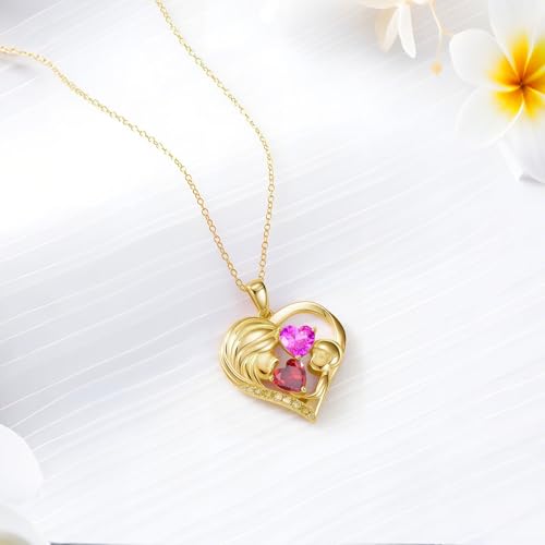 Mothers Day Gifts 14K Yellow Gold Mother Daughter Heart Pendant Necklace with 12 Months Birthstone Birthday Gifts for Mom Anniversarry Jewelry for Mom Wife Girlfriend - color: 01-10-Jan-Oct Birthstone