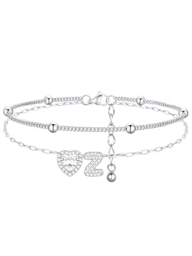 FindChic Silver/14K Gold Plated Layered CZ Initial Ankle Bracelet for Women | Waterproof Stainless Steel, Cubic Zirconia Letter Charm, Non-Tarnish, Hypoallergenic, Adjustable Extender, Summer Jewelry - color: Silver-CZ Heart, size: Z
