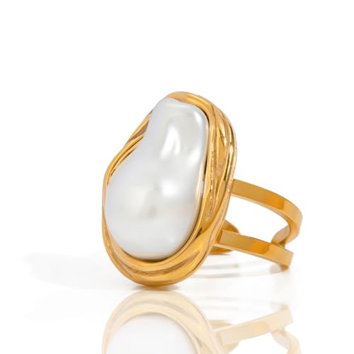 Boho Red Heart Gold Band Rings Pearl Ring, Dainty Adjustable Statement Rings, Open Wrap Stackable Finger Ring Gold Fashion Jewelry Gifts for Women - color: Gold Ring - Pearl