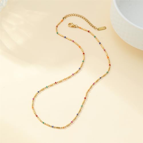 NONAMOIS Gold Chain Necklace for Women Dainty 18K Gold Plated Thin Satellite Beaded Turquoise Necklace Simple Layered Boho Jewelry Christmas Gifts - color: Colorful Chain-Gold