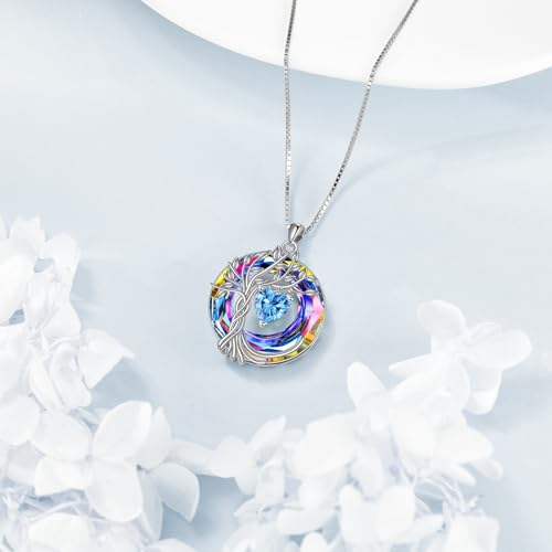 POPLYKE Mothers Day Gifts for Mom Her Wife Tree of Life Necklace 925 Sterling Silver Birthstone Pendant with Crystal Anniversary Birthday Wedding Jewelry for Women - color: 12-Dec-Blue Topaz, style: White Gold Plated-Volcano Crystal