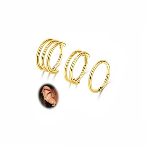 G23 Titanium 3PCS/7PCS 16G Cartilage Double-Hoop Helix Conch Piercing Jewelry With Cubic Zirconia Flat Back Stud Earrings Set For Women Men - color: B-3PCS-Gold-16G-12mm
