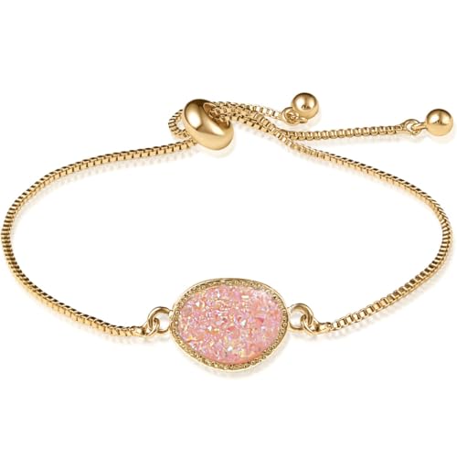 Humble Chic NY Simulated Druzy Chain Bracelet for Women - Boho Stackable Adjustable Bolo Slider Bracelet - color: Gold - Created Rose Quartz