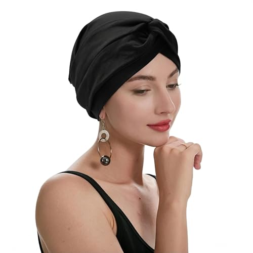 ZLYC Chemo Headwear for Women Pre Tied Turban Headwear Lightweight Beanie Hat - color: Knot Black