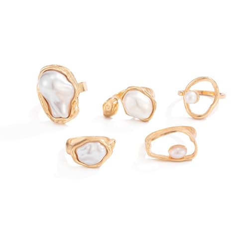 Chunky Gold Pearl Rings for Women Vintage Baroque Pearl Rings Set Open Stacking Pearls Ring Set Irregular Geometric Pearls Ring Boho Prom Costumes Fashion Jewelry Accessories - style: 5PCS B