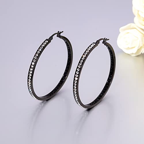 CiNily Mult-colors Crystal Stainless Steel Hoop Earring for Women Hypoallergenic Jewelry for Sensitive Ears Large Big Hoop Earrings 2" - color: Black-a