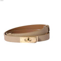 Ovekaut Women Skinny Leather Belt Solid Color Alloy Turn Lock Adjustable Waistband for Dresses Jeans Coats - color: Shallow Khaki / Gold