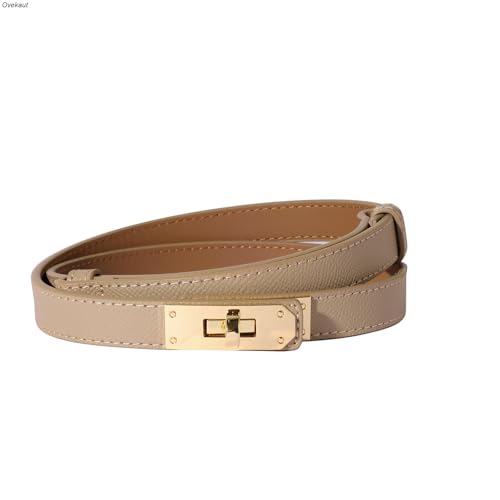 Ovekaut Women Skinny Leather Belt Solid Color Alloy Turn Lock Adjustable Waistband for Dresses Jeans Coats - color: Shallow Khaki / Gold