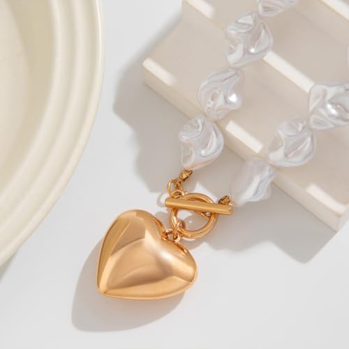 Statement Chunky Gold Heart Pendant Necklace for Women Trendy Boho Baroque Pearl Chain Choker Big Silver Love OT Buckle Necklaces Party Prom Jewelry Gift - color: Gold