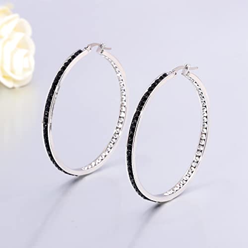 CiNily Mult-colors Crystal Stainless Steel Hoop Earring for Women Hypoallergenic Jewelry for Sensitive Ears Large Big Hoop Earrings 2" - color: White and Black