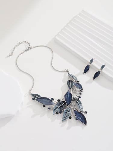 Vintage Chunky Statement Jewelry Set Retro Leaf Floral Geometric Bohemian Boho Bib Necklace Earring Set Fashion Costume Jewelry for Women Girls Wedding Party Prom Unique Gift - style: spring leaf-blue grey silver
