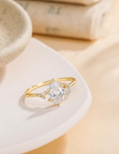 EAMTI 2CT Engagement Rings Pear Cut Wedding Teardrop Bridal Halo Nature Inspired Rings Cubic Zirconia Promise Bands for Women 3-11 - color: Brass-Gold