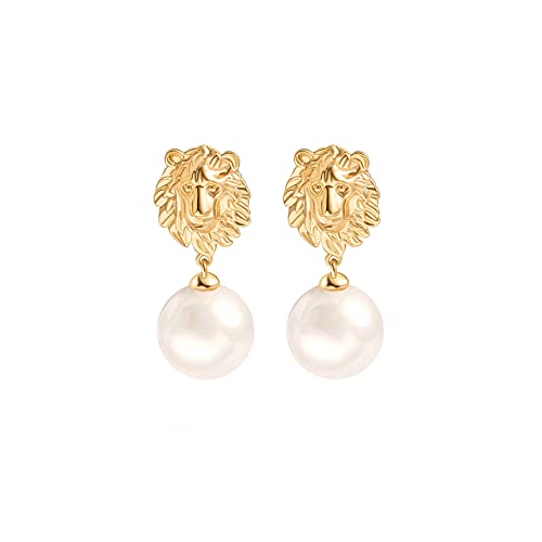 Gold Plated Huggie Hoop Earrings with Charms Fashion Pearl Drop Dangle Earrings for Women Handmade Karma Circle Jewelry for Ladies Lightweight Pearl Earrings on Christmas - color: lion