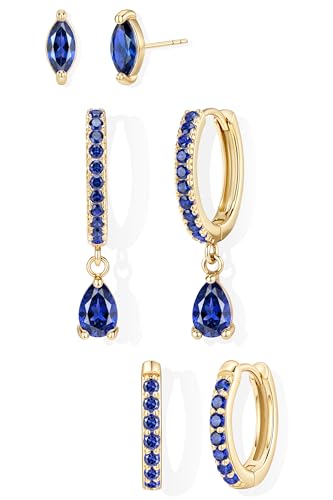 14K Gold Plated Small Huggie Hoop Earrings Set for Women, Hypoallergenic Dainty Sterling Silver Dangle Studs for Cartilage Helix, Lightweight Trendy Cute Stack Birthstone Jewelry Gift - color: 09_Sapphire_Sep_Gold
