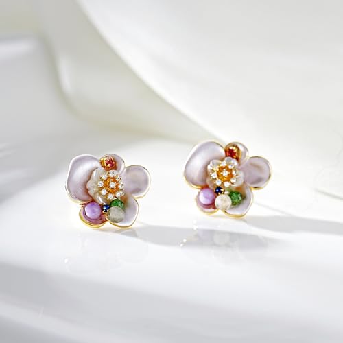 Pink Flower Earrings for Women, 925 Sterling Silver Stud Earrings, Cute Plumeria Earrings For Women, Cherry Blossom Hypoallergenic Stud - color: Colorful Plum Blossom