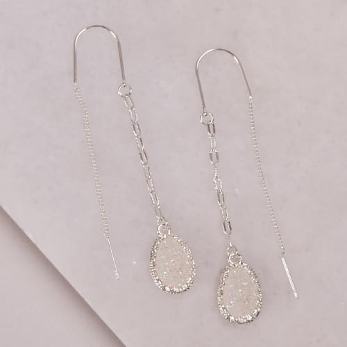 Simulated Druzy Threader Earrings for Women - Gold, Silver, or Rose Gold Tone Long Chain Earrings with Boho Created Geode Stone - color: Silver - White Created Opal