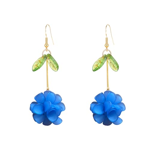Resin Flower Cluster Ball Dangle Drop Earrings for Women Spring Summer Bohemian Floral Petal with Green Leaf Earrings Vacation Party Jewelry - color: Royal Blue