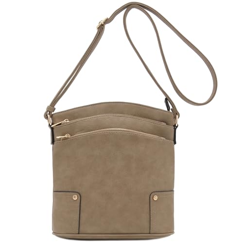 ALYSSA Triple Zip Pocket Large Crossbody Bag - color: Travertine