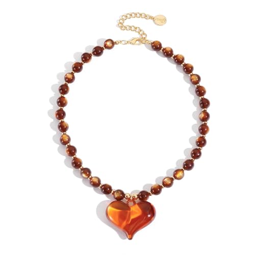 Coiris Chunky Heart Necklace for Women Statement Beaded Pendant Boho Christmas Necklace Gifts for Women - color: Amber, size: Short