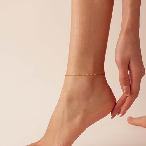 Dainty Ankle Bracelets for Women 18K Gold Plated Satellite Beaded Herringbone Lip Chain Anklets Simple Minimalist Summer Beach Foot Jewelry Christmas Gifts - color: O Chain-Gold