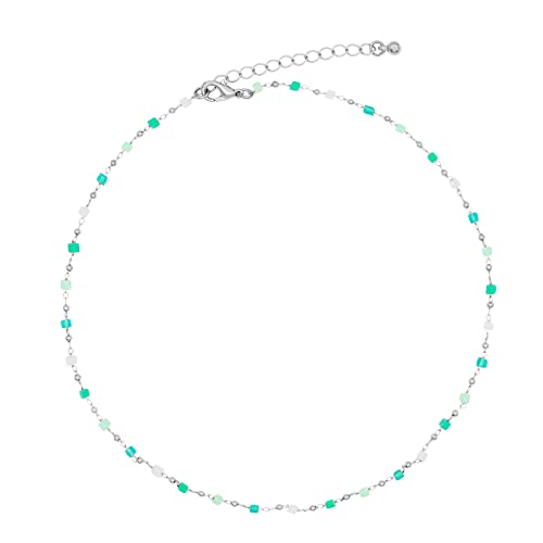 FUTIMELY Bohemia Green Beaded Beads Choker Necklace for Women,Simple Fresh Green Beaded Square Round Bead Choker Necklace - color: Silver