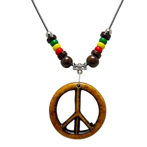 LAVIP Peace Sign Pendant Necklace, Black Cord with Wooden Beads, Boho Style - color: Brown