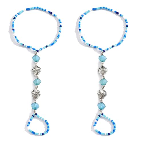 Bohemian Beaded Shell Anklet Barefoot Sandals Ocean Blue Seashell Beach Adjustable Ankle with Toe Ring for Women Dainty Foot Chains Jewelry