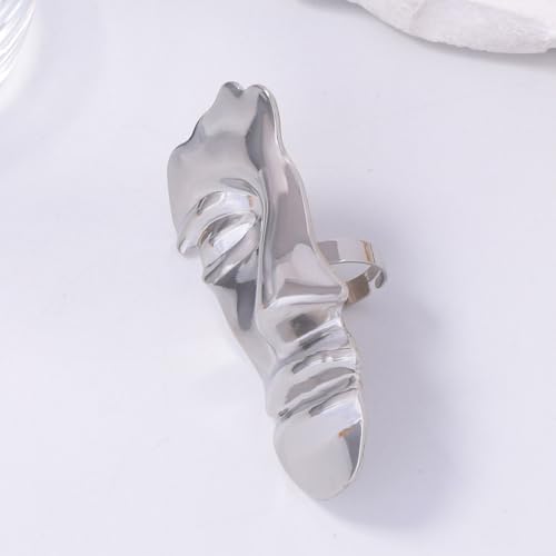 Dtja Vintage Human Half Face Statement Ring for Women Men Gold Plated Adjustable Expandable Large Wide Open Wrap Band Rings Comfort Fit Creative Artistic Birthday Graduation BFF Gift - color: Silver